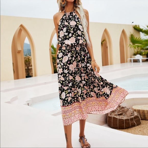 Boho Floral Print Halter Backless Midi Dress Black - Picture 5 of 7